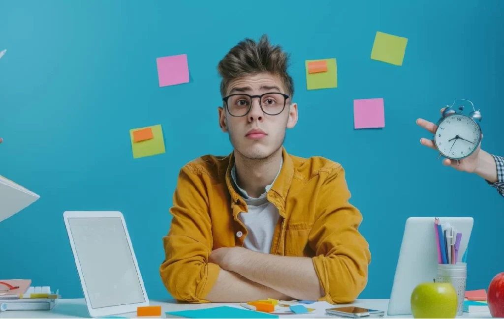Entrepreneur sitting at a desk surrounded by tasks and deadlines, highlighting the struggle of managing priorities and building real traction in business.
