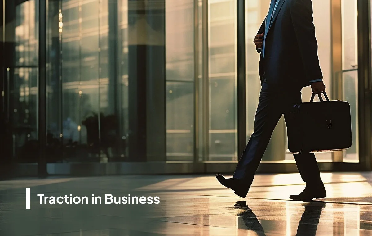 Traction in business concept showing a professional executive walking confidently toward sustainable business growth