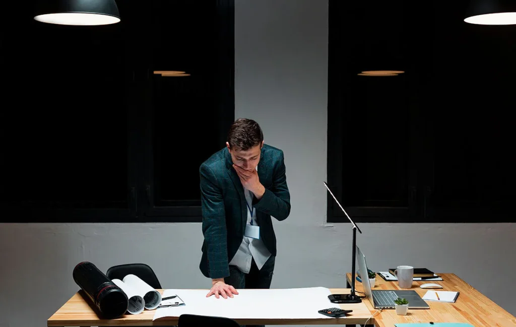 Founder analyzing business operations while struggling to maintain traction in business growth