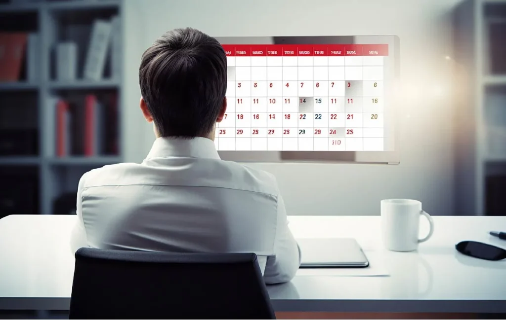 A founder sitting on table stuck in scheduling meetings to meet his goals.