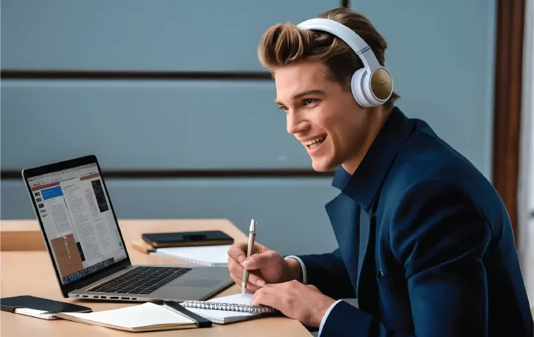 Professional wearing headphones taking notes at a laptop during remote training, illustrating how to train your EA to think like a COO; strategic executive assistant; remote executive assistant.