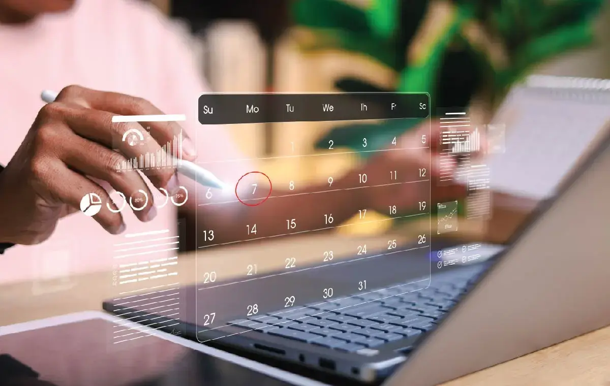 Effectively manage an executive calendar with time blocking, buffers, and a digital scheduling system on a laptop