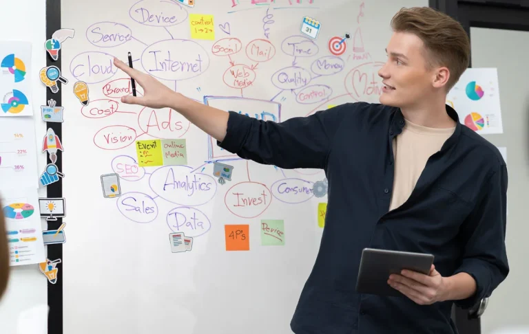 Digital marketing executive assistant presenting a strategy on a whiteboard with analytics, SEO, ads, and cloud notes while holding a tablet during a team meeting.