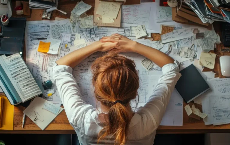 Overhead view of a remote executive assistant at a cluttered desk, planning tasks and organizing notes, illustrating the reality of remote executive assistant jobs
