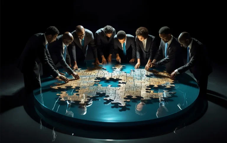 Leadership team integration represented by executives collaboratively solving a puzzle at a round table.