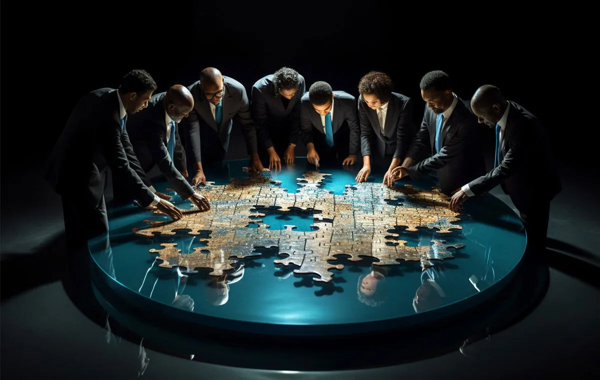 Leadership team integration represented by executives collaboratively solving a puzzle at a round table.