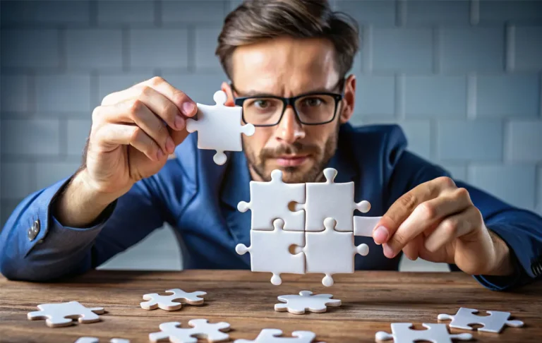 Entrepreneur solving puzzle pieces representing startup scaling challenges and operational bottlenecks.
