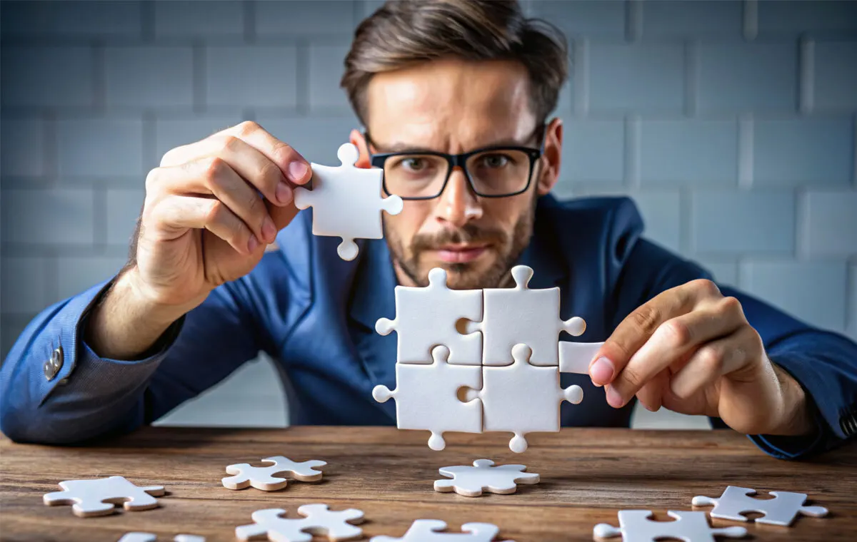 Entrepreneur solving puzzle pieces representing startup scaling challenges and operational bottlenecks.