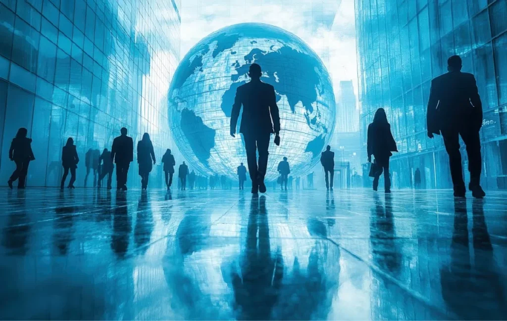 Business professionals walking through a modern global office environment, symbolizing how the best executive assistant supports international businesses in a connected world.