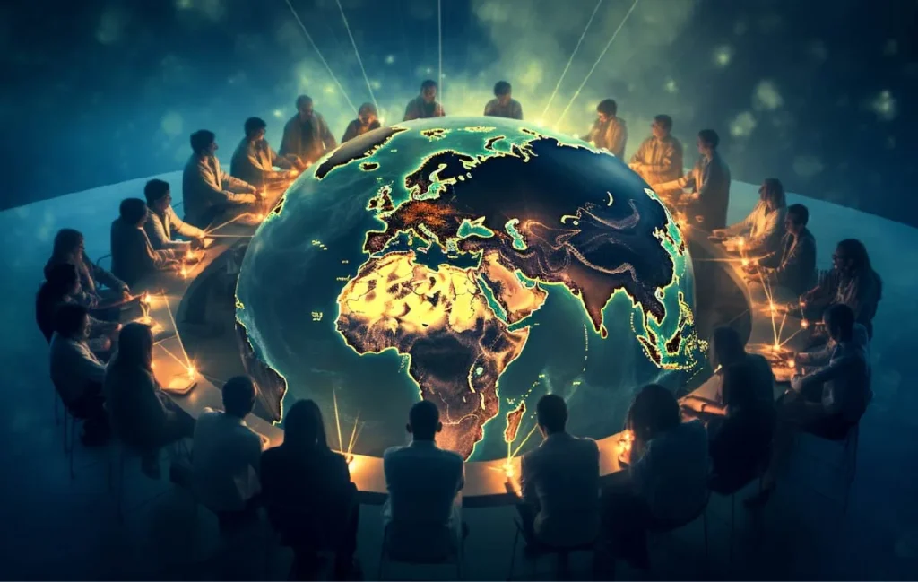 Global professionals collaborating around a digital world map, representing how the best executive assistant can support businesses remotely across different time zones.