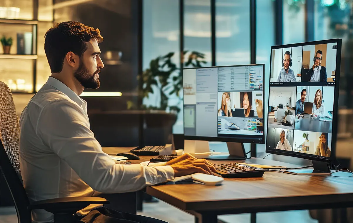 how to build company culture remotely, Remote team video conference meeting showing how to build company culture remotely across distributed teams