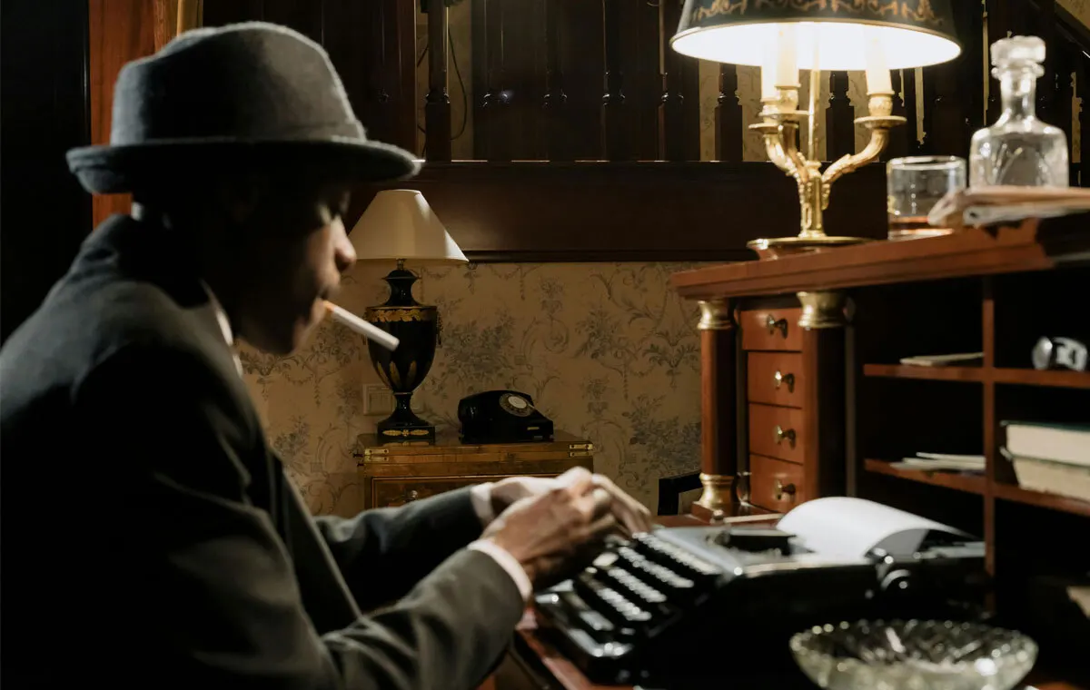 Vintage office worker typing on a typewriter in a classic workspace, representing the early executive assistant role and traditional clerical tasks.
