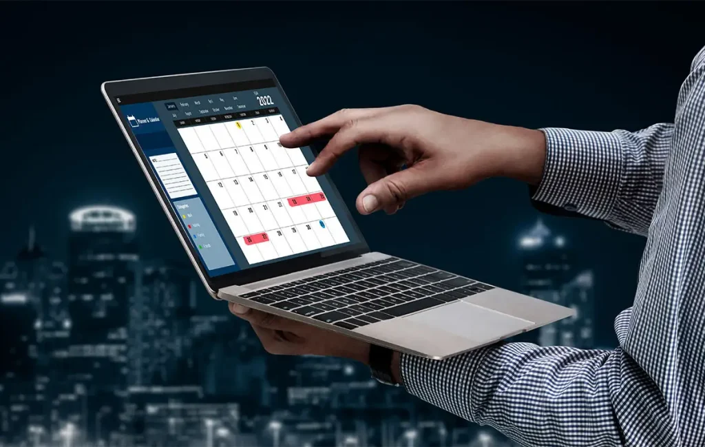 Marketing executive reviewing calendar planner system with color-coded zones for strategic thinking meetings and tactical execution managed by marketing executive assistants