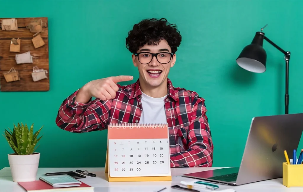 Smiling marketing executive assistants pointing at organized desk calendar demonstrating successful time management and scheduling optimization