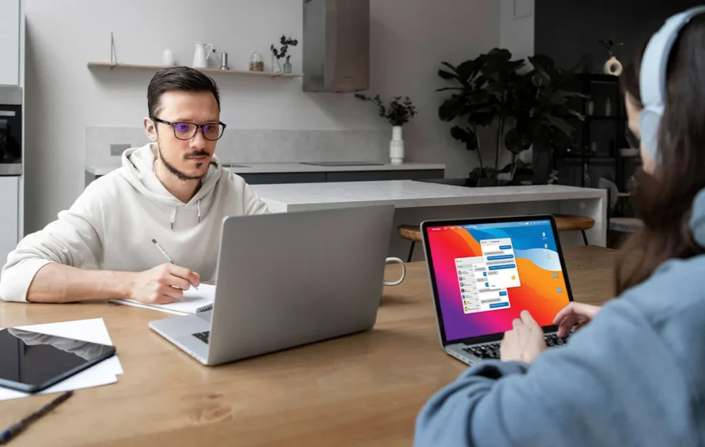 Scale faster with remote work setup showing professional collaboration from home office using global talent and digital tools