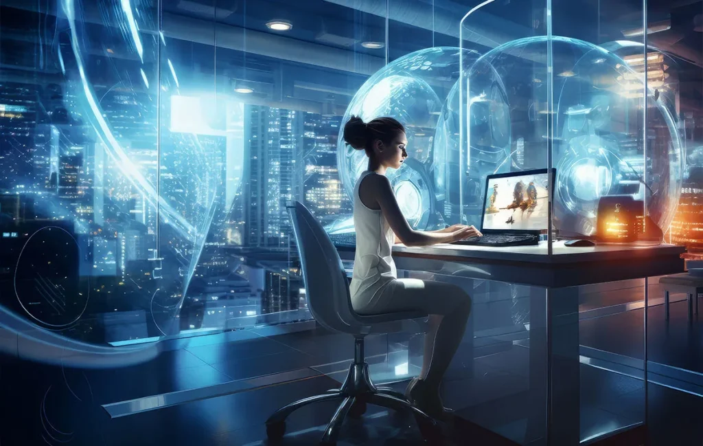 Remote closing professional conducting virtual sales calls from high-tech digital workspace with global connectivity networks