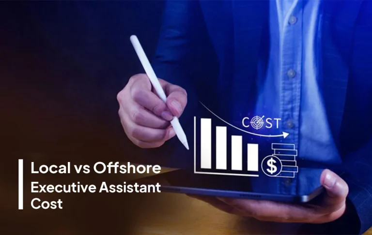 Nearshore vs offshore executive assistant cost comparison with business professional analyzing cost growth chart