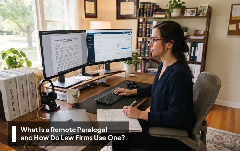 A skilled remote paralegal organizing legal files for a law firm on a laptop.