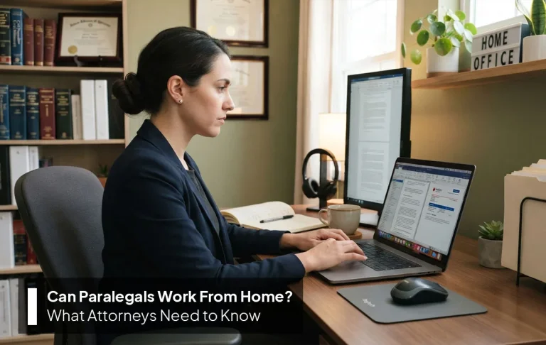 A professional home office setup showing how can paralegals work from home efficiently.